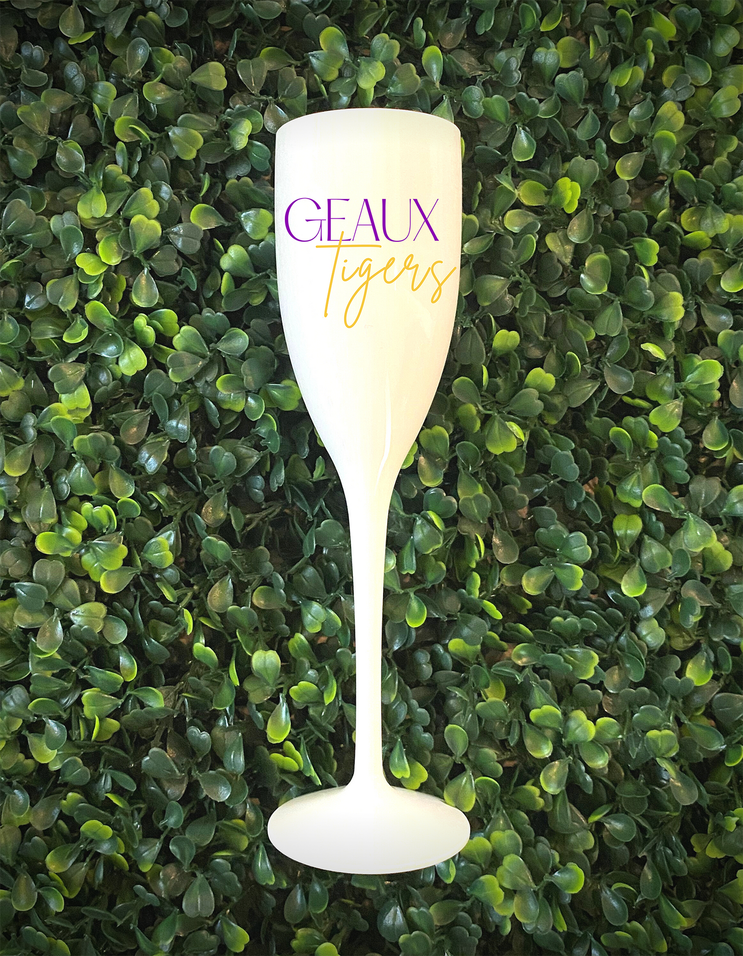 Geaux Tigers Purple & Yellow, White Champagne Shatterproof flute