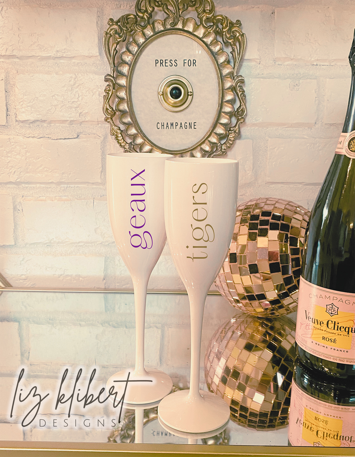 Purple Geaux, Gold Tigers, set of 2 White Champagne Shatterproof flute