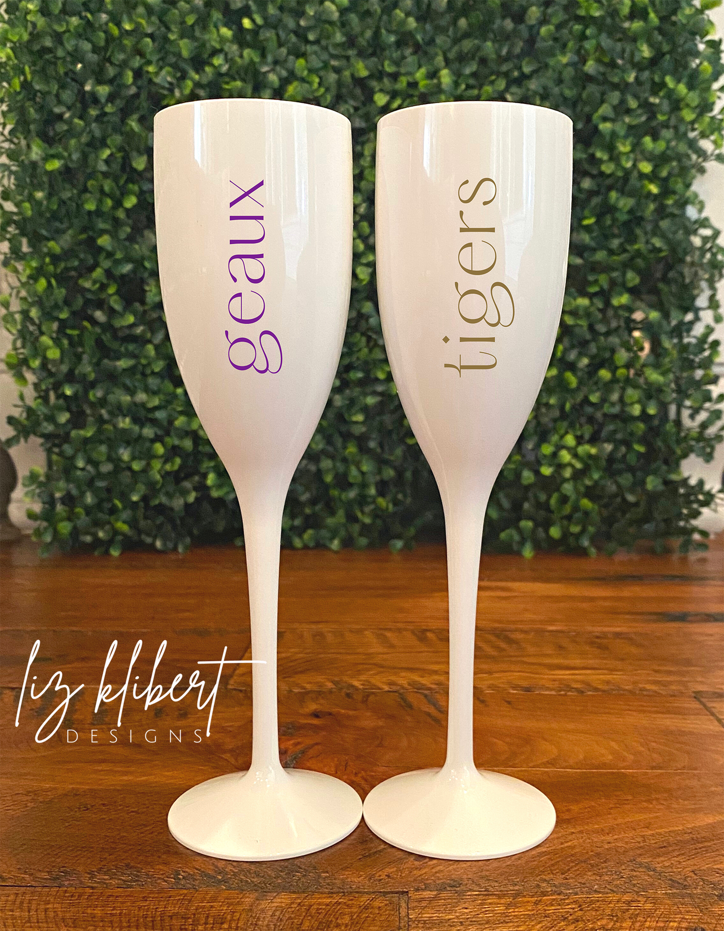 Purple Geaux, Gold Tigers, set of 2 White Champagne Shatterproof flute