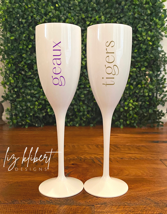 Purple Geaux, Gold Tigers, set of 2 White Champagne Shatterproof flute