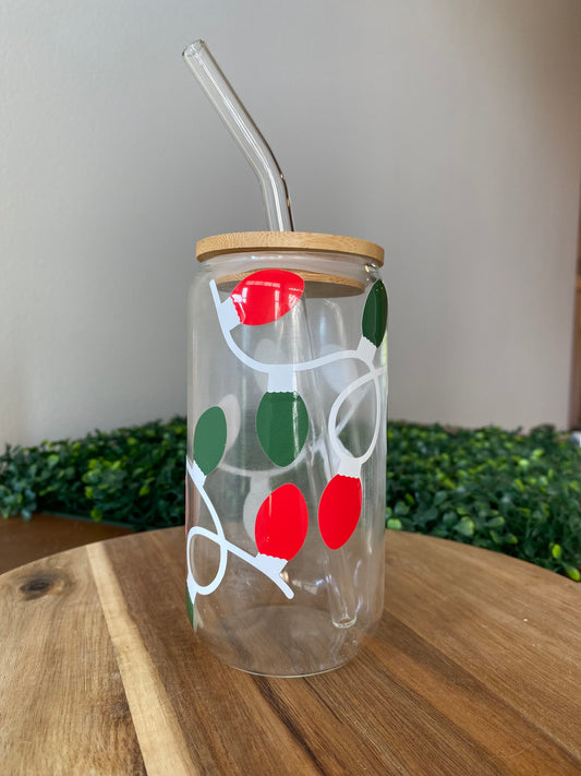 Red/Green Color Changing Christmas Lights, Clear Beer/Soda Can shaped 16 oz Glass with lid and straw