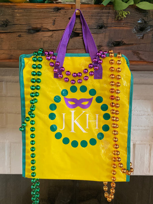 A Mardi Gras Beads and Loot Bag, Reusable, zipper and handles throws bag