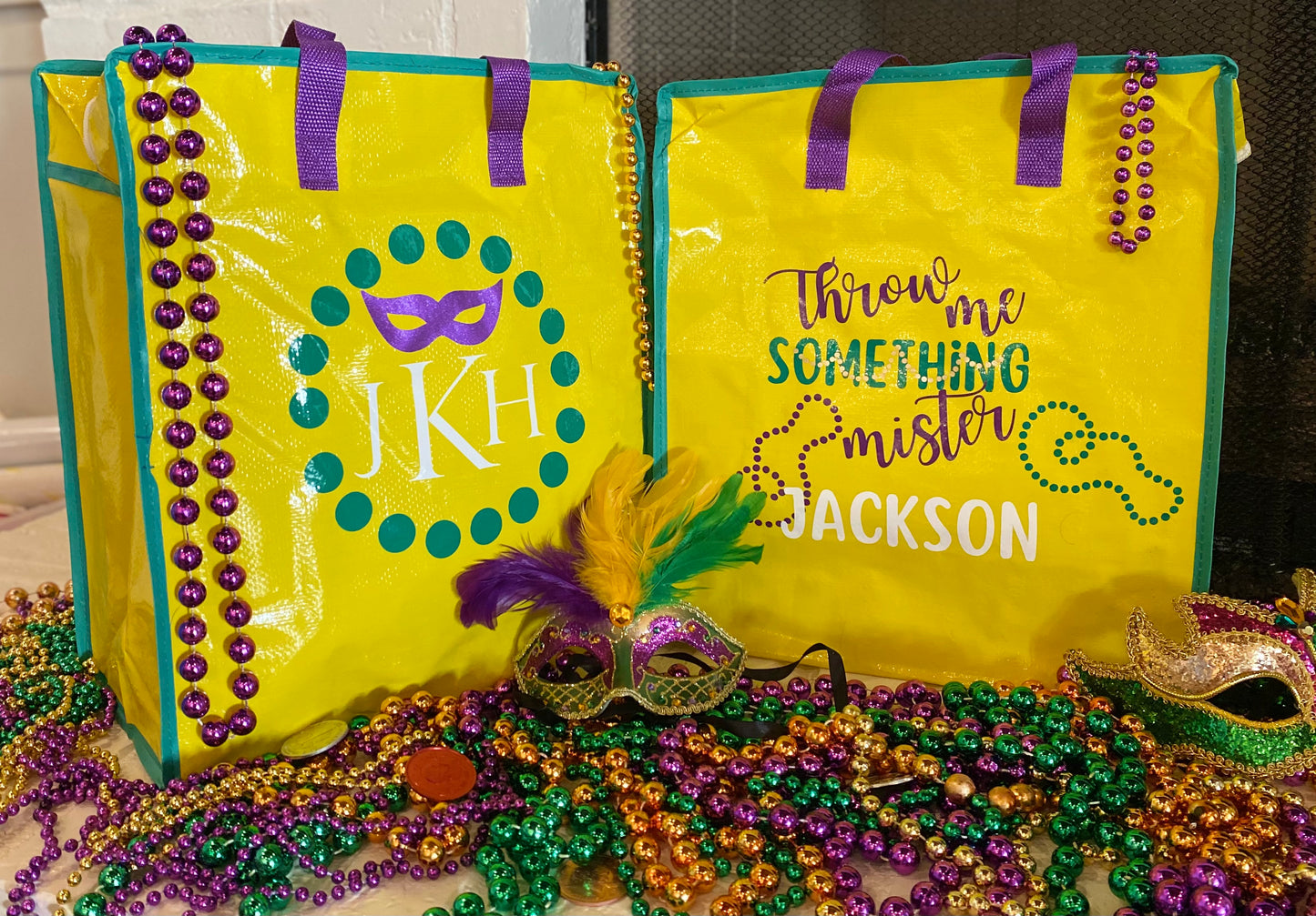 A Mardi Gras Beads and Loot Bag, Reusable, zipper and handles throws bag