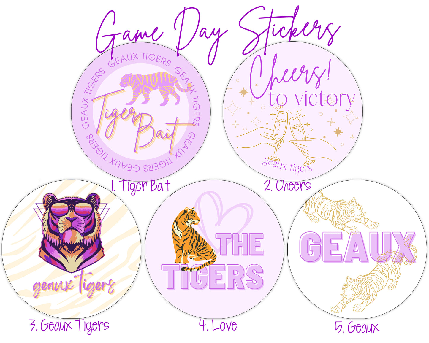 LSU Game Day Stickers, 3 inch circles