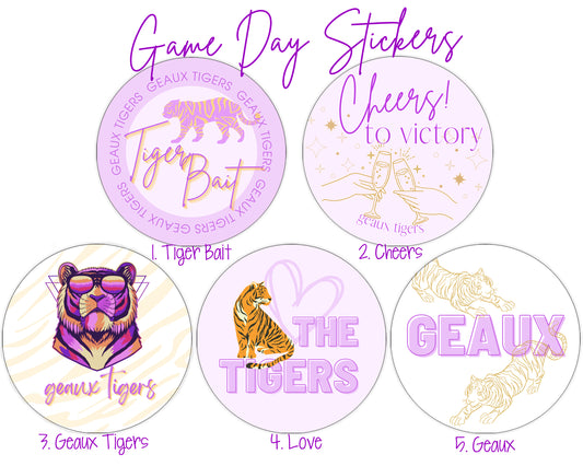 LSU Game Day Stickers, 3 inch circles