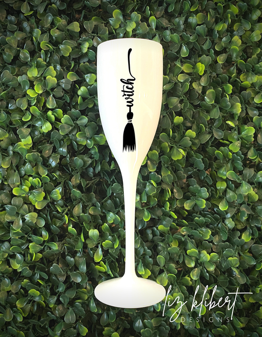 Witch, Broomstick, Witch's Brew Halloween White Champagne Shatterproof flute